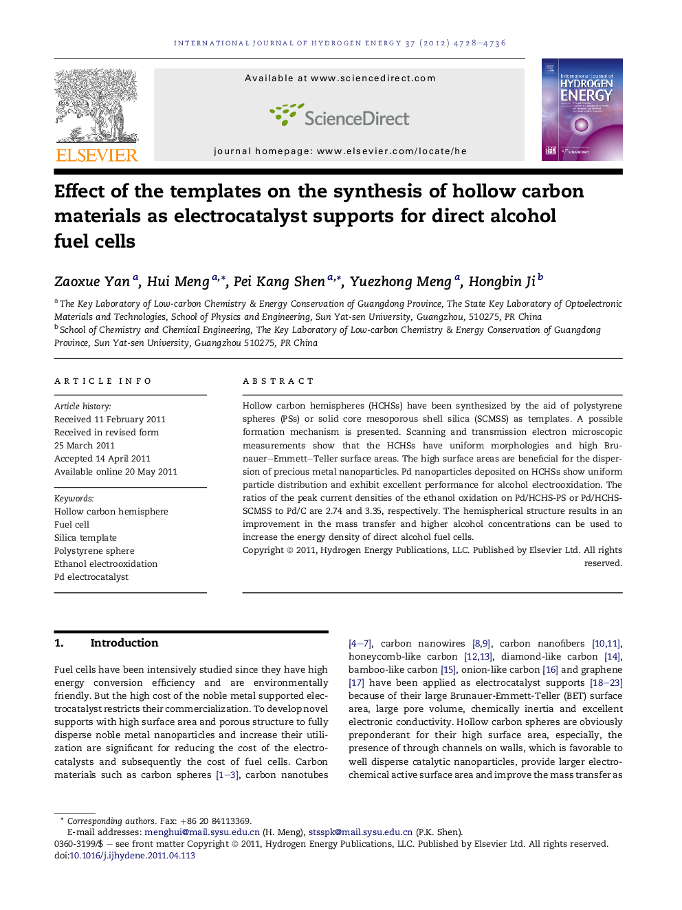 Effect of the templates on the synthesis of hollow carbon materials as electrocatalyst supports for direct alcohol fuel cells