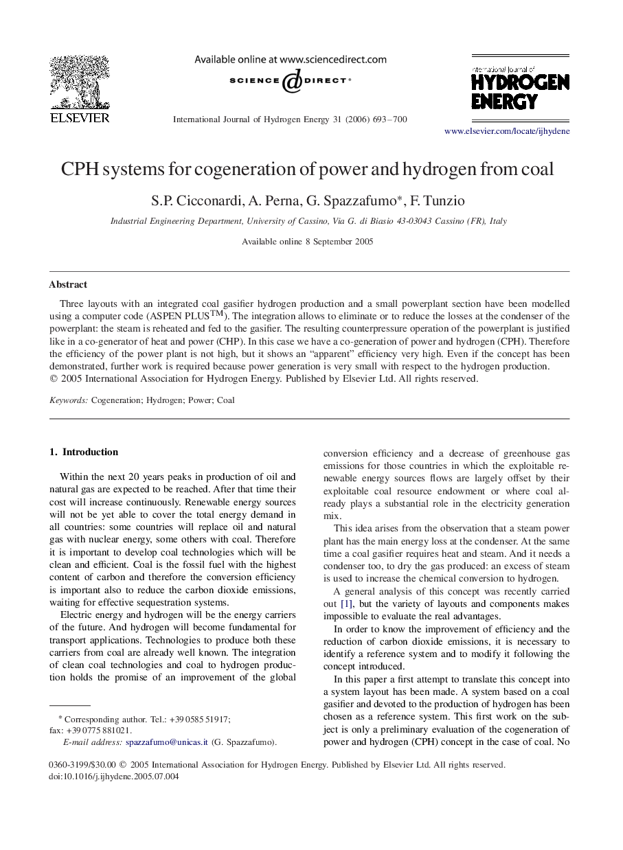 CPH systems for cogeneration of power and hydrogen from coal