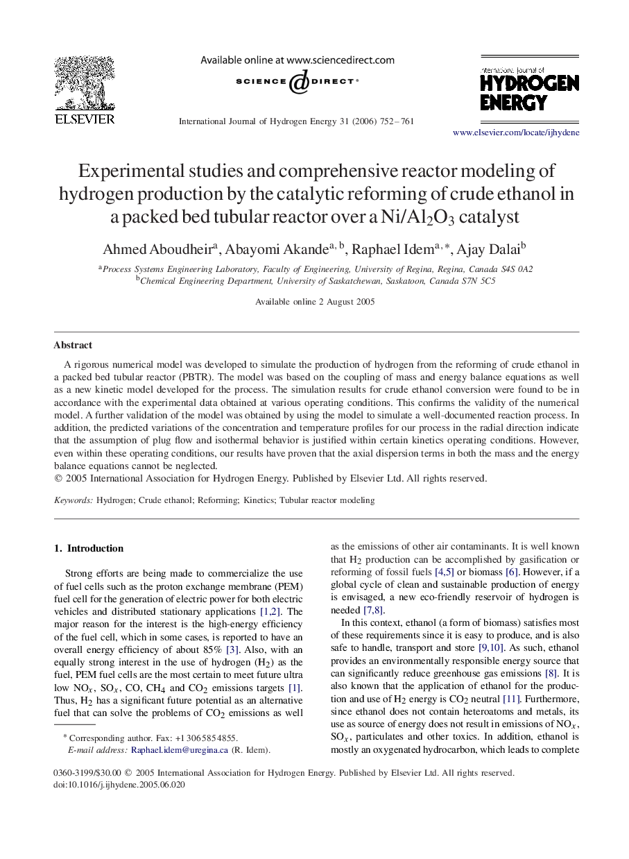 Experimental studies and comprehensive reactor modeling of hydrogen production by the catalytic reforming of crude ethanol in a packed bed tubular reactor over a Ni/Al22O33 catalyst