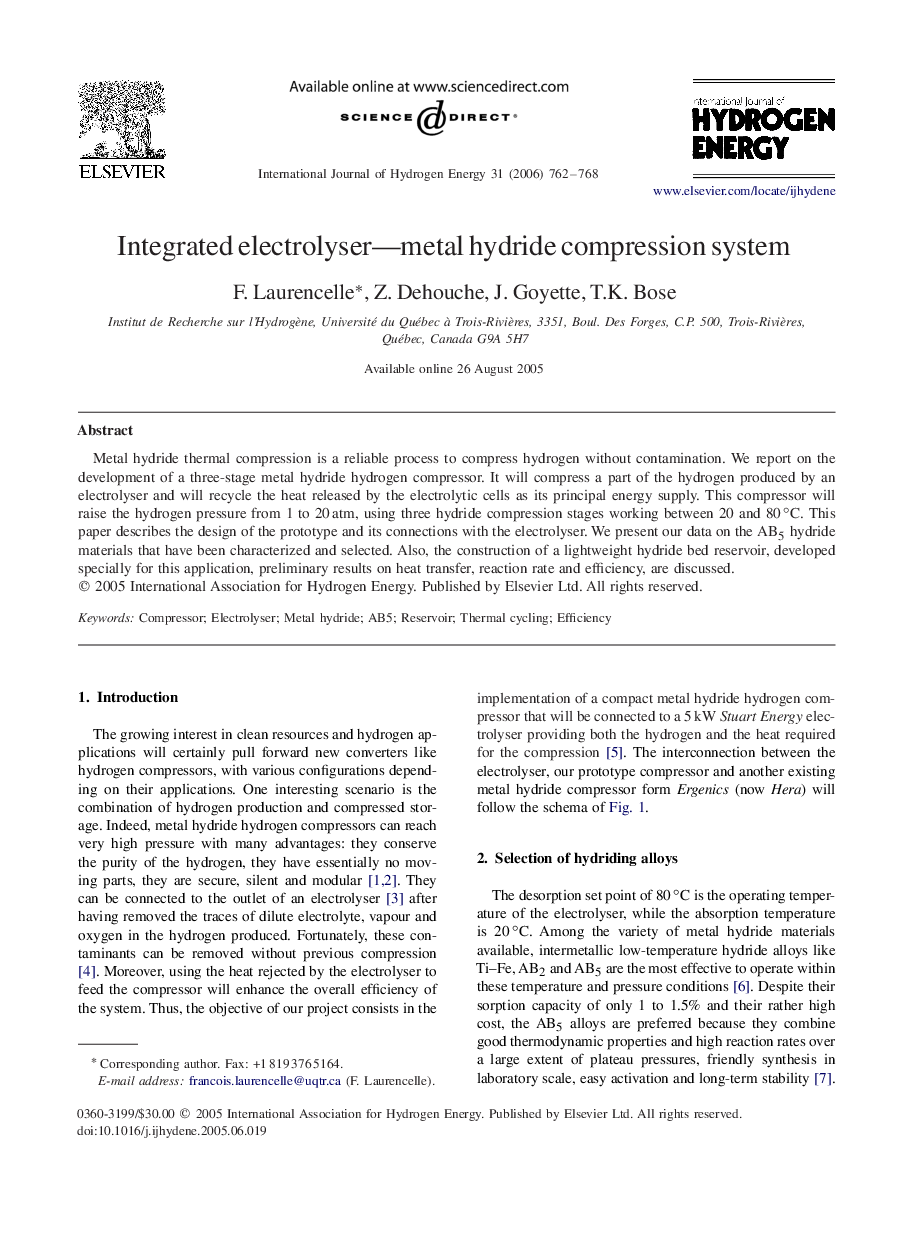 Integrated electrolyser—metal hydride compression system