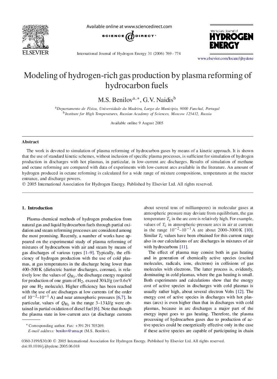 Modeling of hydrogen-rich gas production by plasma reforming of hydrocarbon fuels