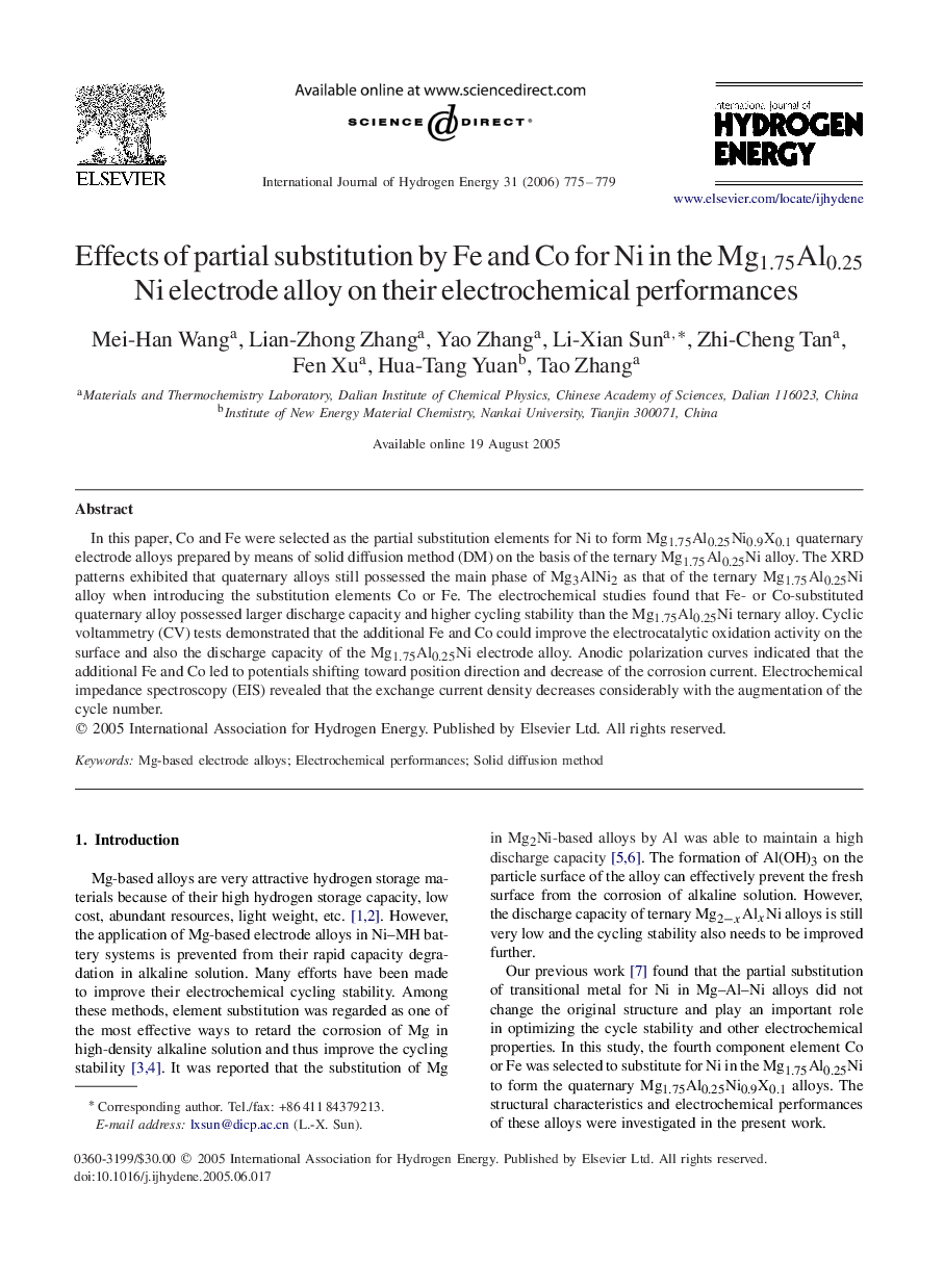 Effects of partial substitution by Fe and Co for Ni in the Mg1.75Al0.25 Ni electrode alloy on their electrochemical performances