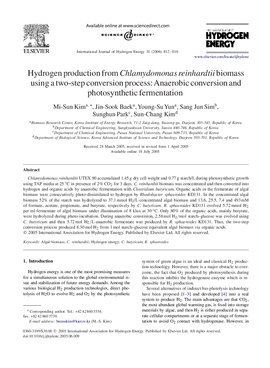 Hydrogen production from Chlamydomonas reinhardtii biomass using a two-step conversion process: Anaerobic conversion and photosynthetic fermentation