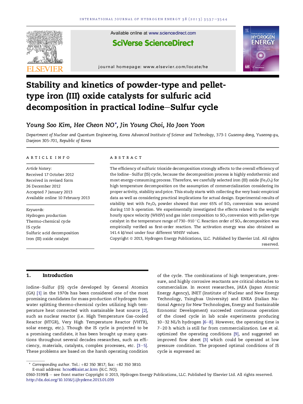 Stability and kinetics of powder-type and pellet-type iron (III) oxide catalysts for sulfuric acid decomposition in practical Iodine–Sulfur cycle