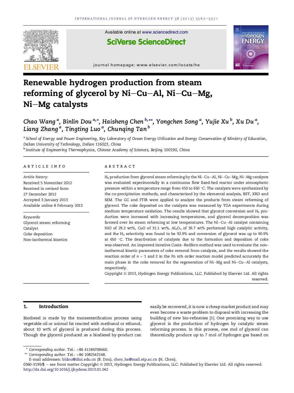 Renewable hydrogen production from steam reforming of glycerol by Ni–Cu–Al, Ni–Cu–Mg, Ni–Mg catalysts