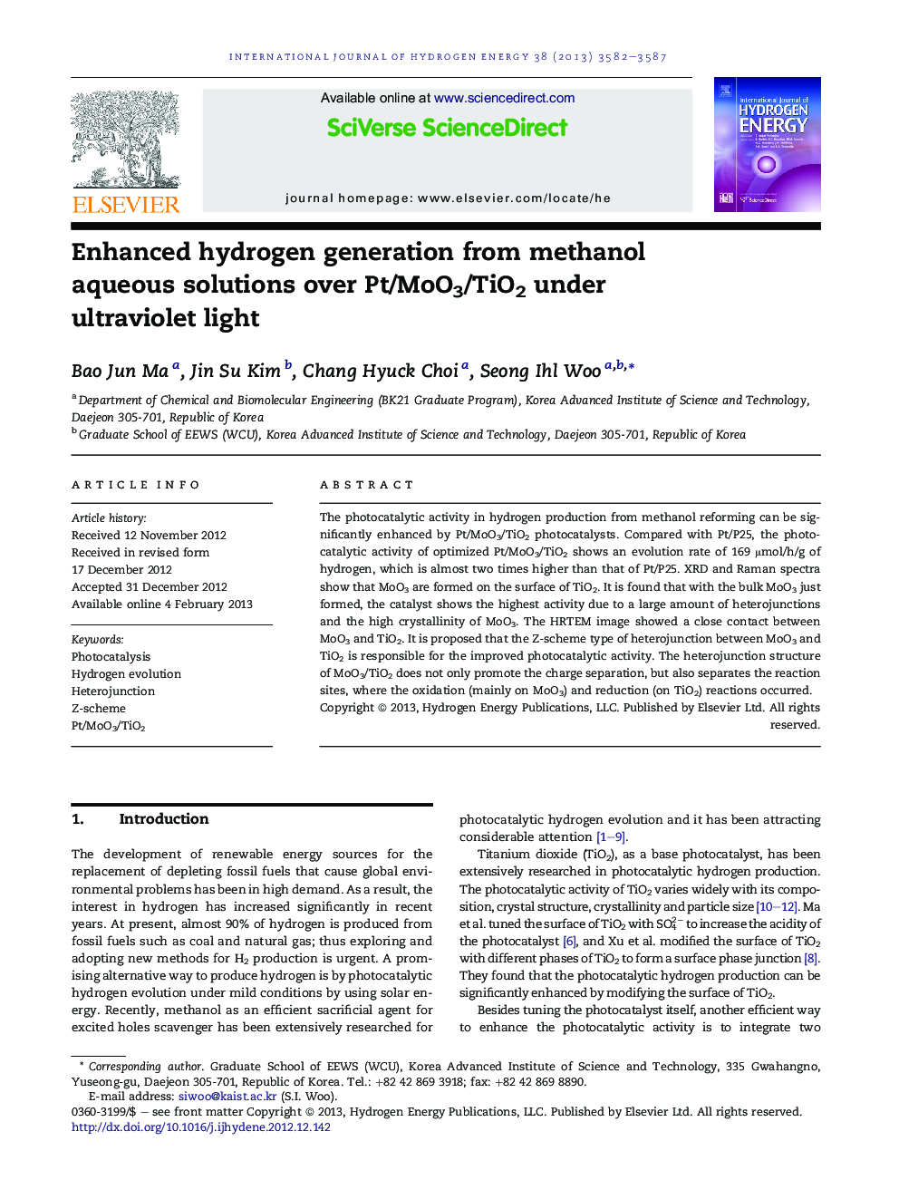 Enhanced hydrogen generation from methanol aqueous solutions over Pt/MoO3/TiO2 under ultraviolet light