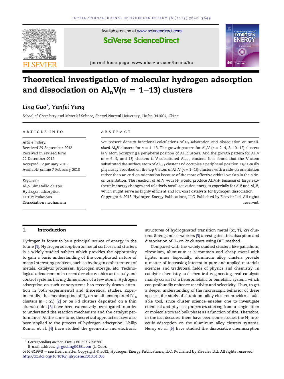 Theoretical investigation of molecular hydrogen adsorption and dissociation on AlnV(n = 1–13) clusters