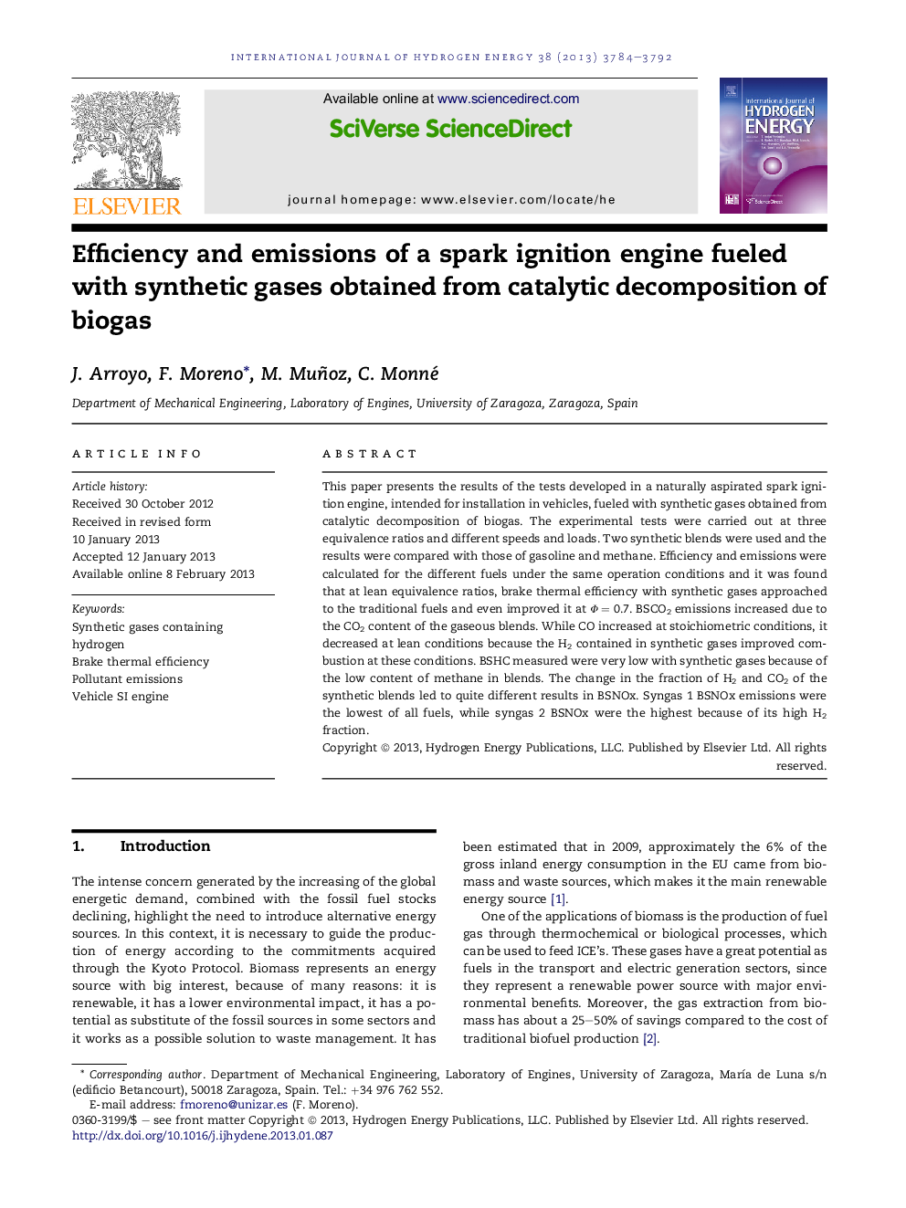 Efficiency and emissions of a spark ignition engine fueled with synthetic gases obtained from catalytic decomposition of biogas