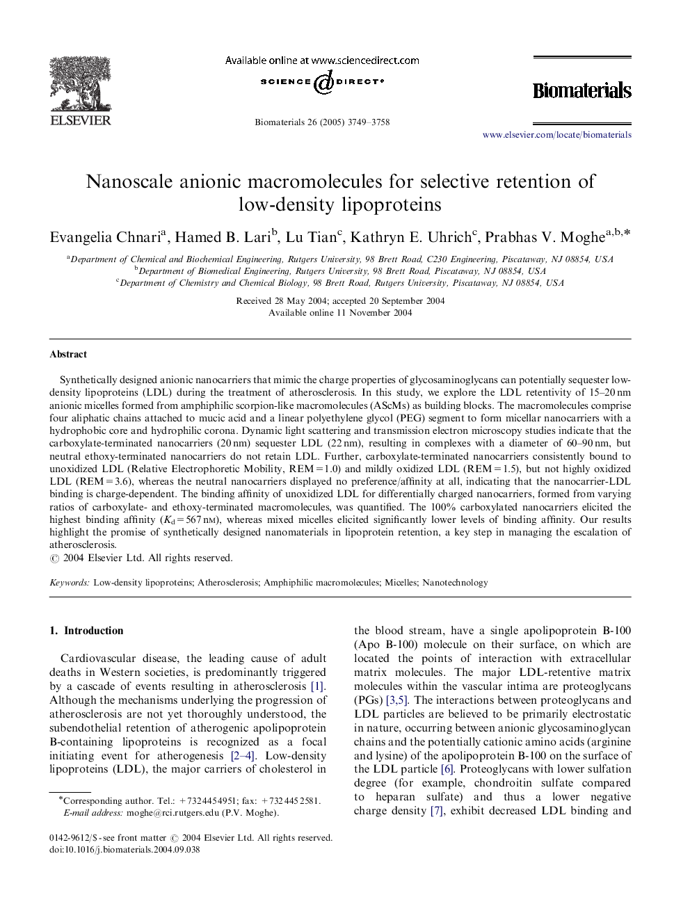 Nanoscale anionic macromolecules for selective retention of low-density lipoproteins