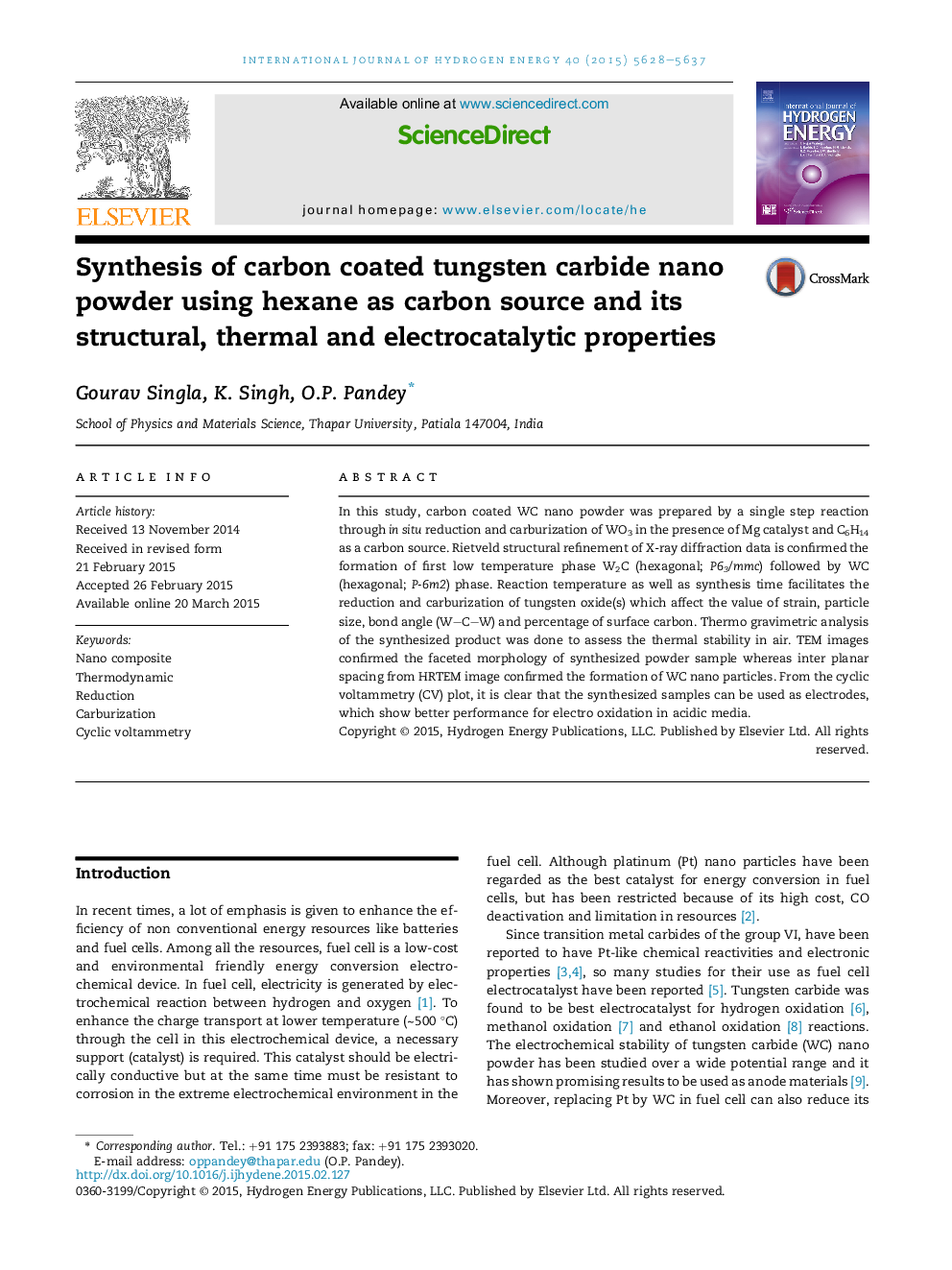 Synthesis of carbon coated tungsten carbide nano powder using hexane as carbon source and its structural, thermal and electrocatalytic properties