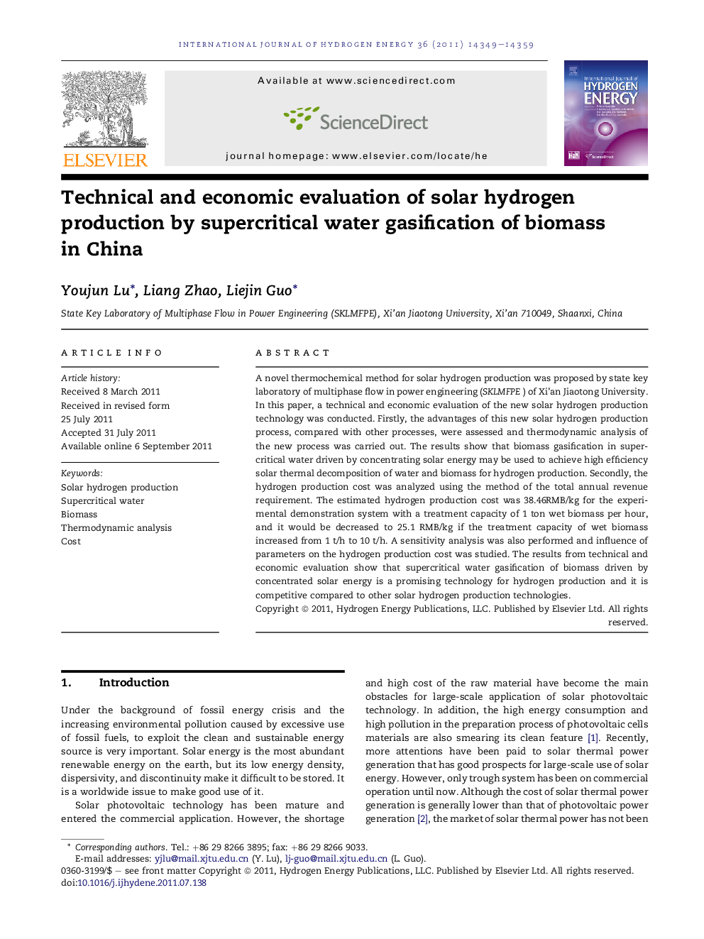 Technical and economic evaluation of solar hydrogen production by supercritical water gasification of biomass in China