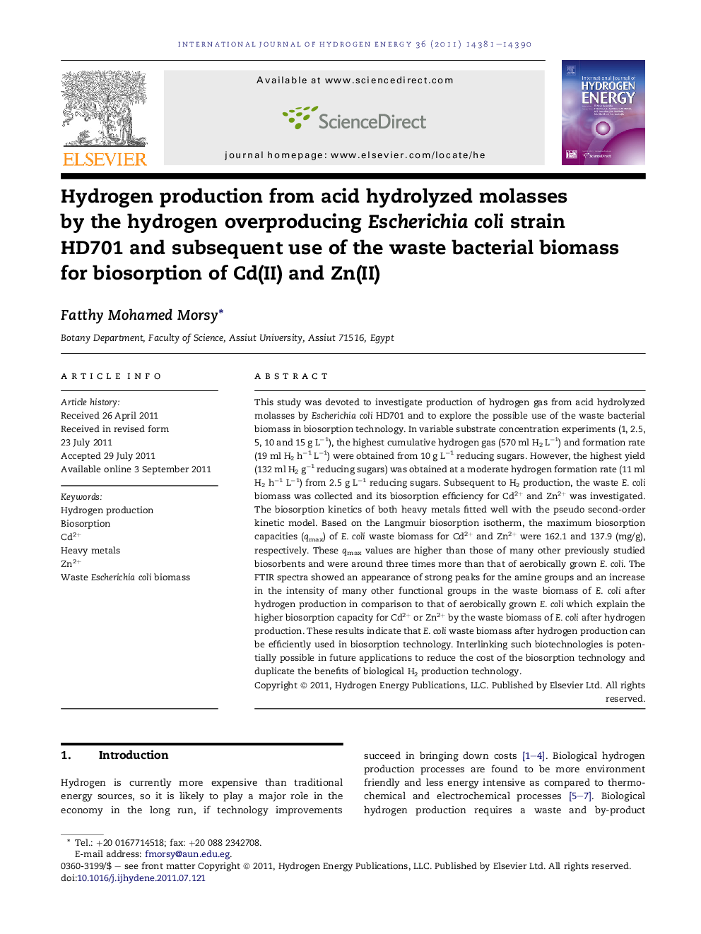 Hydrogen production from acid hydrolyzed molasses by the hydrogen overproducing Escherichia coli strain HD701 and subsequent use of the waste bacterial biomass for biosorption of Cd(II) and Zn(II)