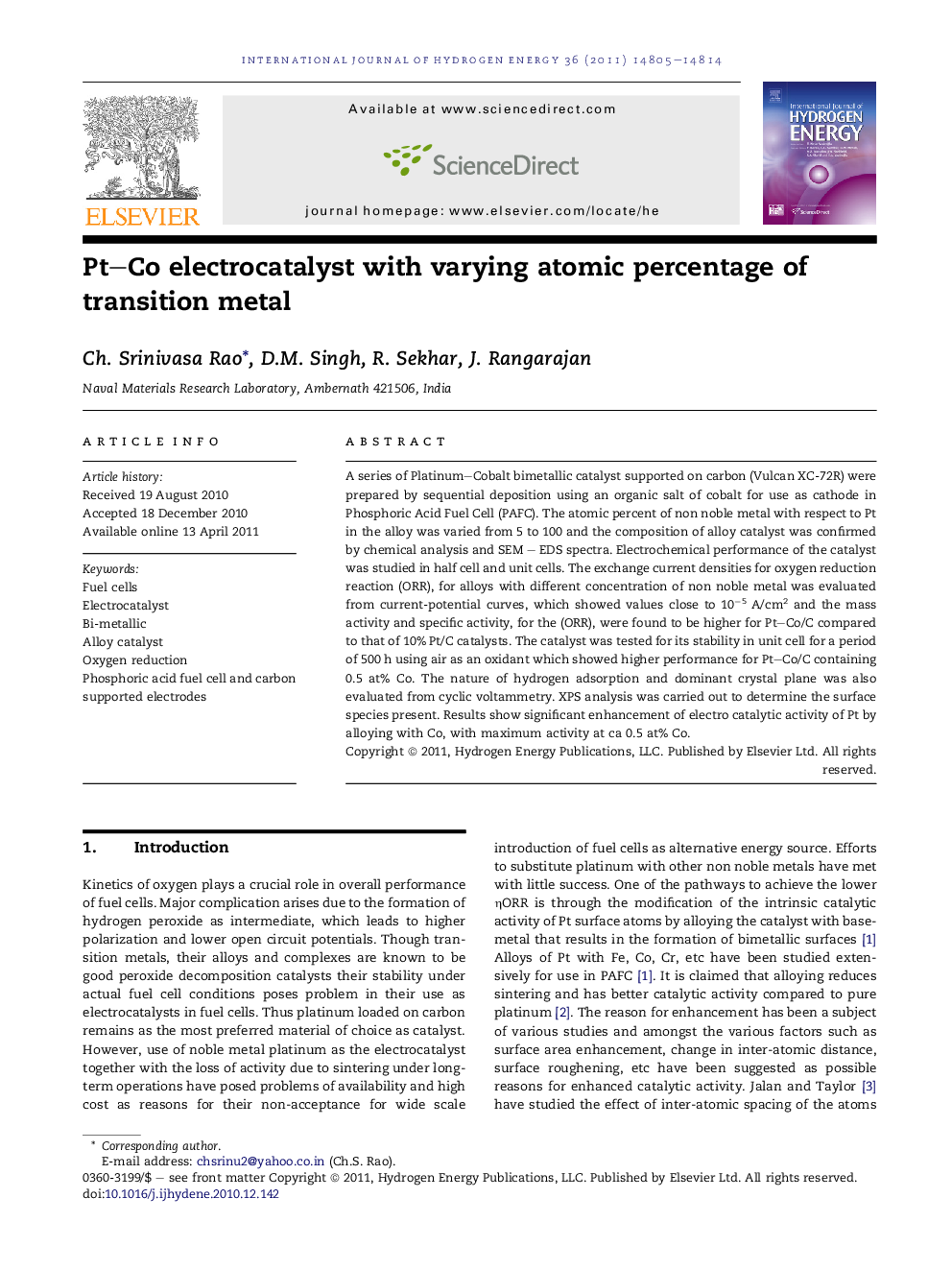 Pt–Co electrocatalyst with varying atomic percentage of transition metal