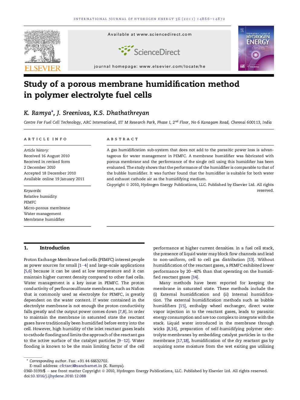 Study of a porous membrane humidification method in polymer electrolyte fuel cells