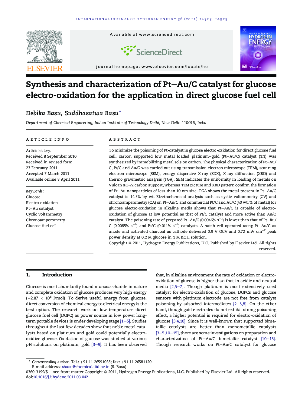 Synthesis and characterization of Pt–Au/C catalyst for glucose electro-oxidation for the application in direct glucose fuel cell