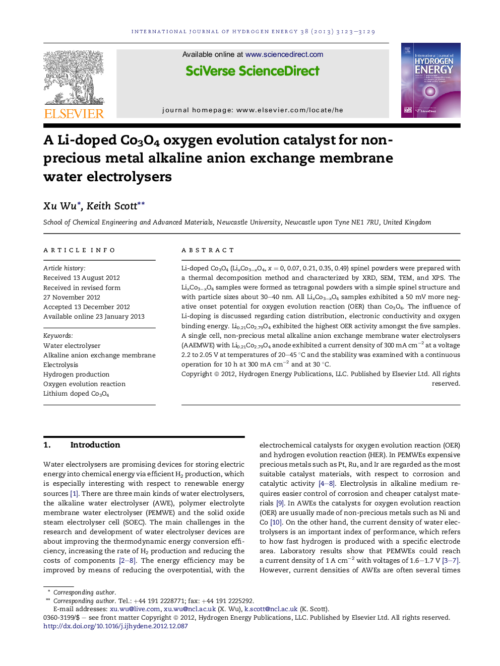 A Li-doped Co3O4 oxygen evolution catalyst for non-precious metal alkaline anion exchange membrane water electrolysers