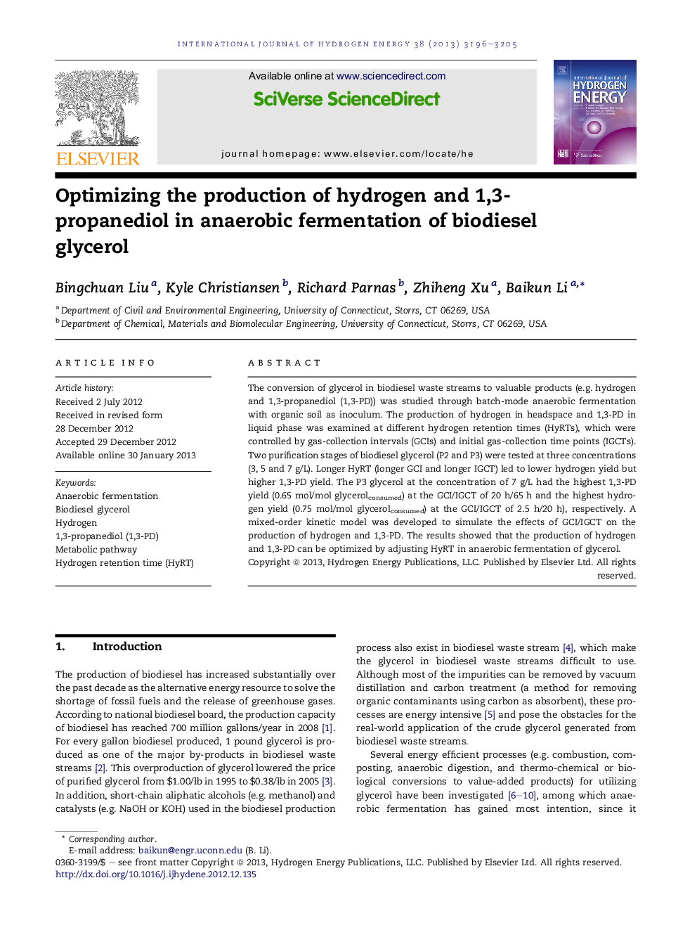 Optimizing the production of hydrogen and 1,3-propanediol in anaerobic fermentation of biodiesel glycerol