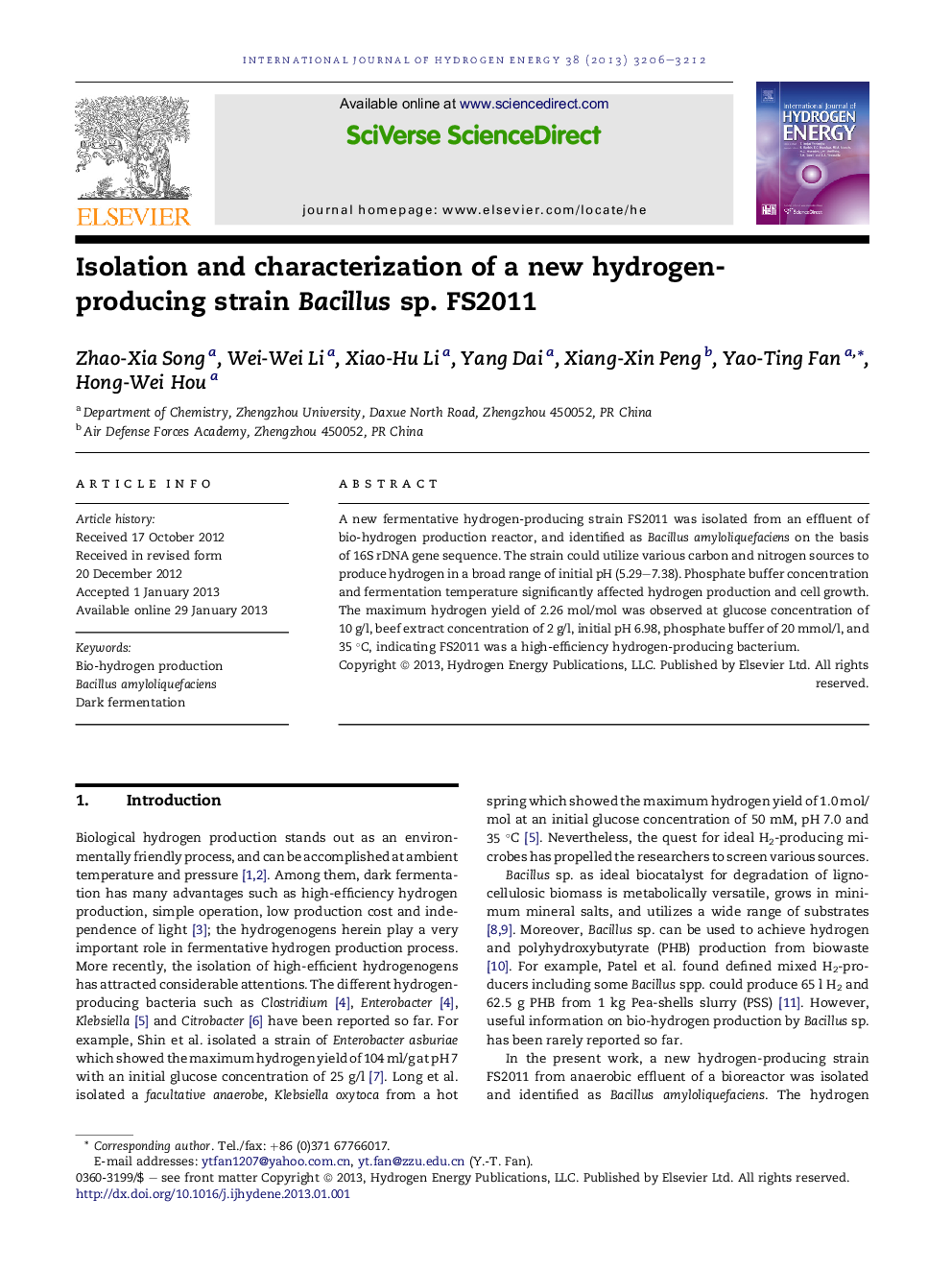 Isolation and characterization of a new hydrogen-producing strain Bacillus sp. FS2011