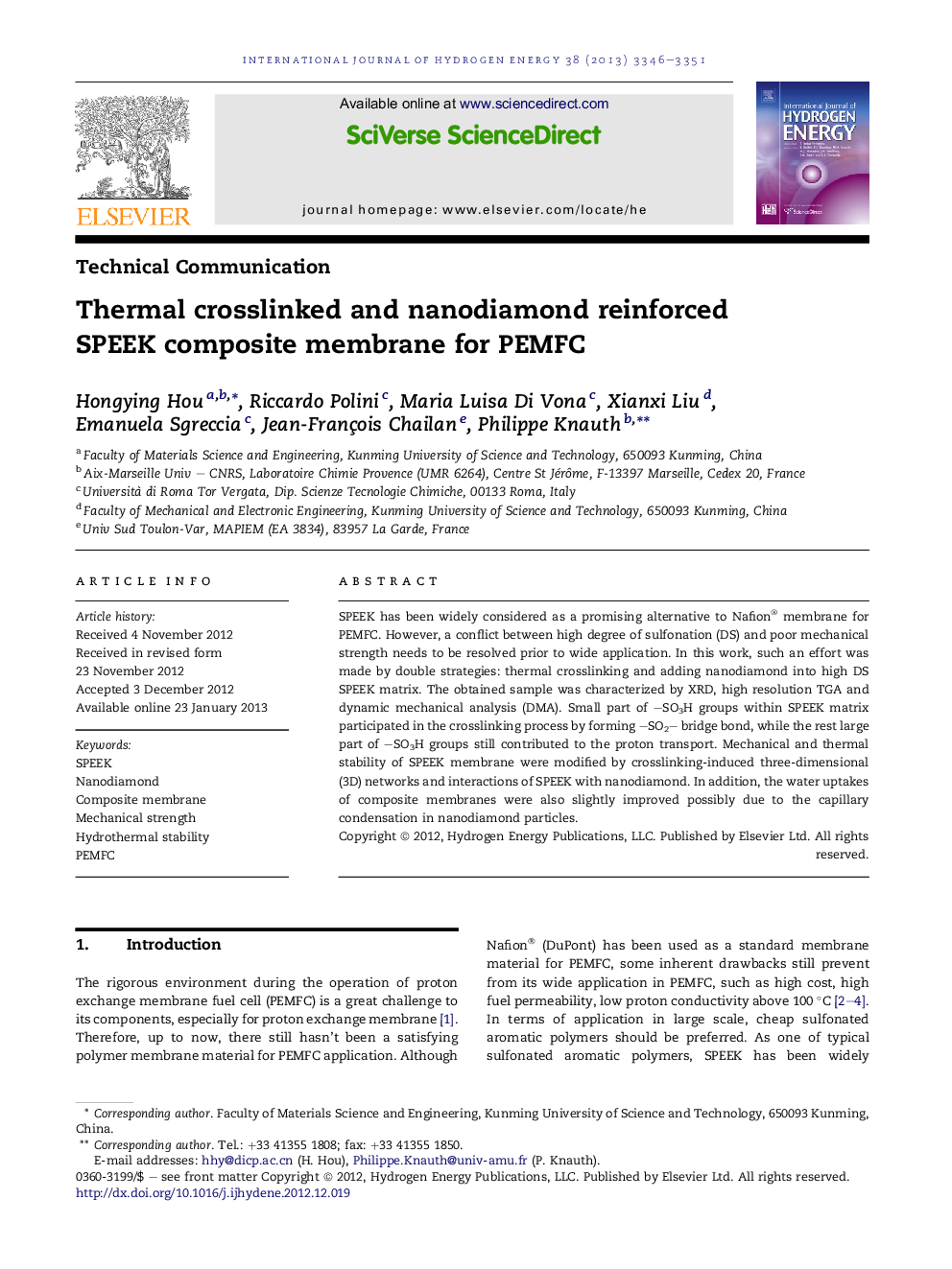 Thermal crosslinked and nanodiamond reinforced SPEEK composite membrane for PEMFC