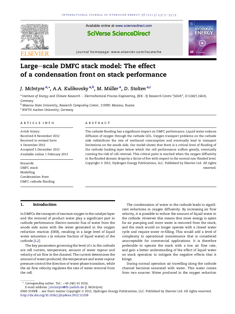 Large–scale DMFC stack model: The effect of a condensation front on stack performance