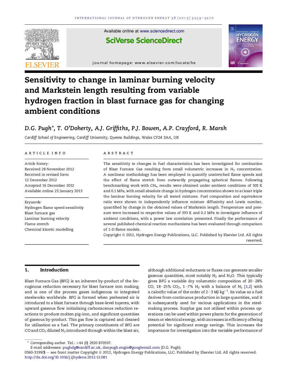 Sensitivity to change in laminar burning velocity and Markstein length resulting from variable hydrogen fraction in blast furnace gas for changing ambient conditions