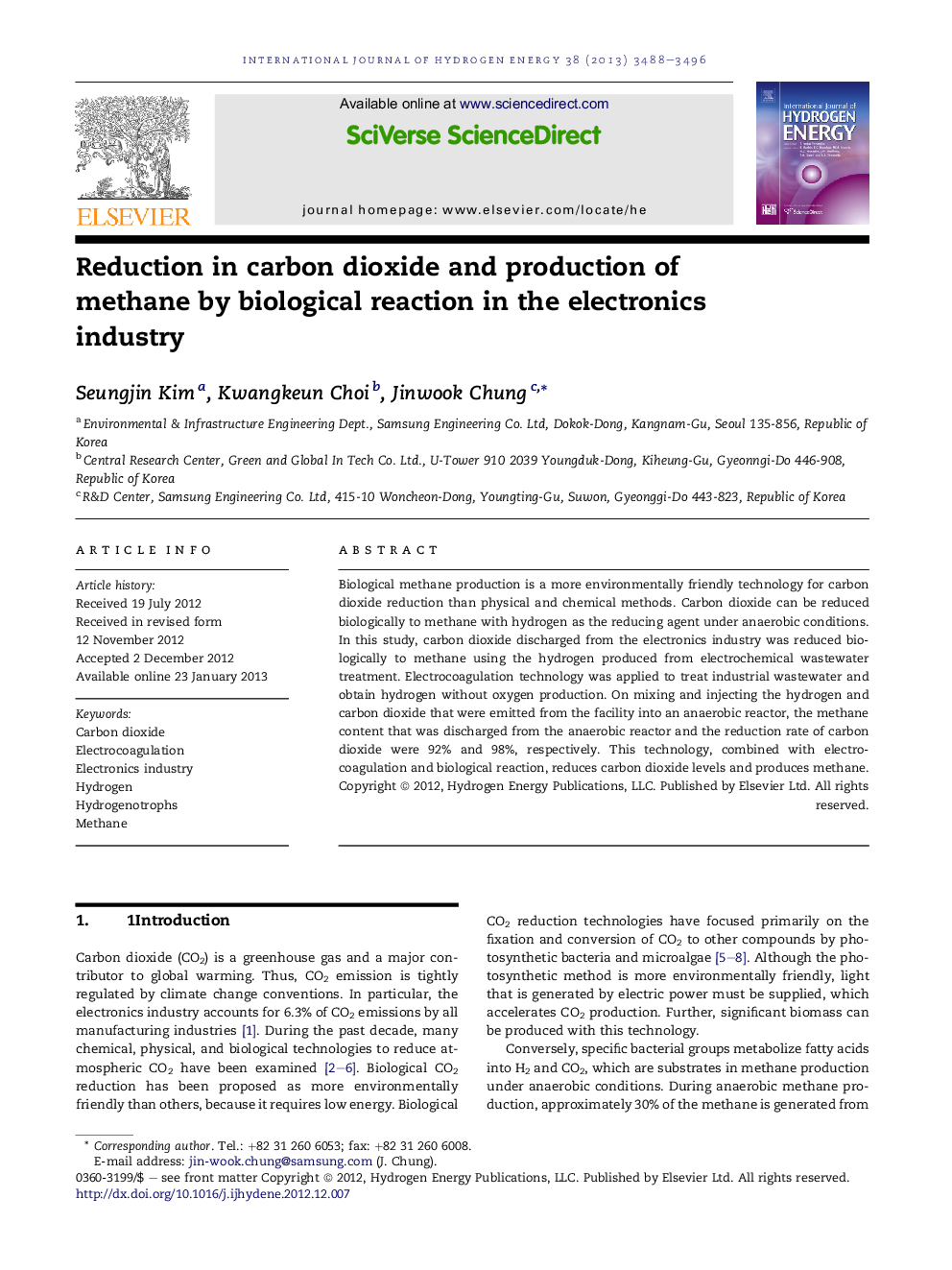 Reduction in carbon dioxide and production of methane by biological reaction in the electronics industry