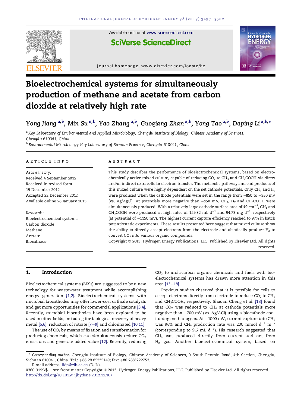 Bioelectrochemical systems for simultaneously production of methane and acetate from carbon dioxide at relatively high rate