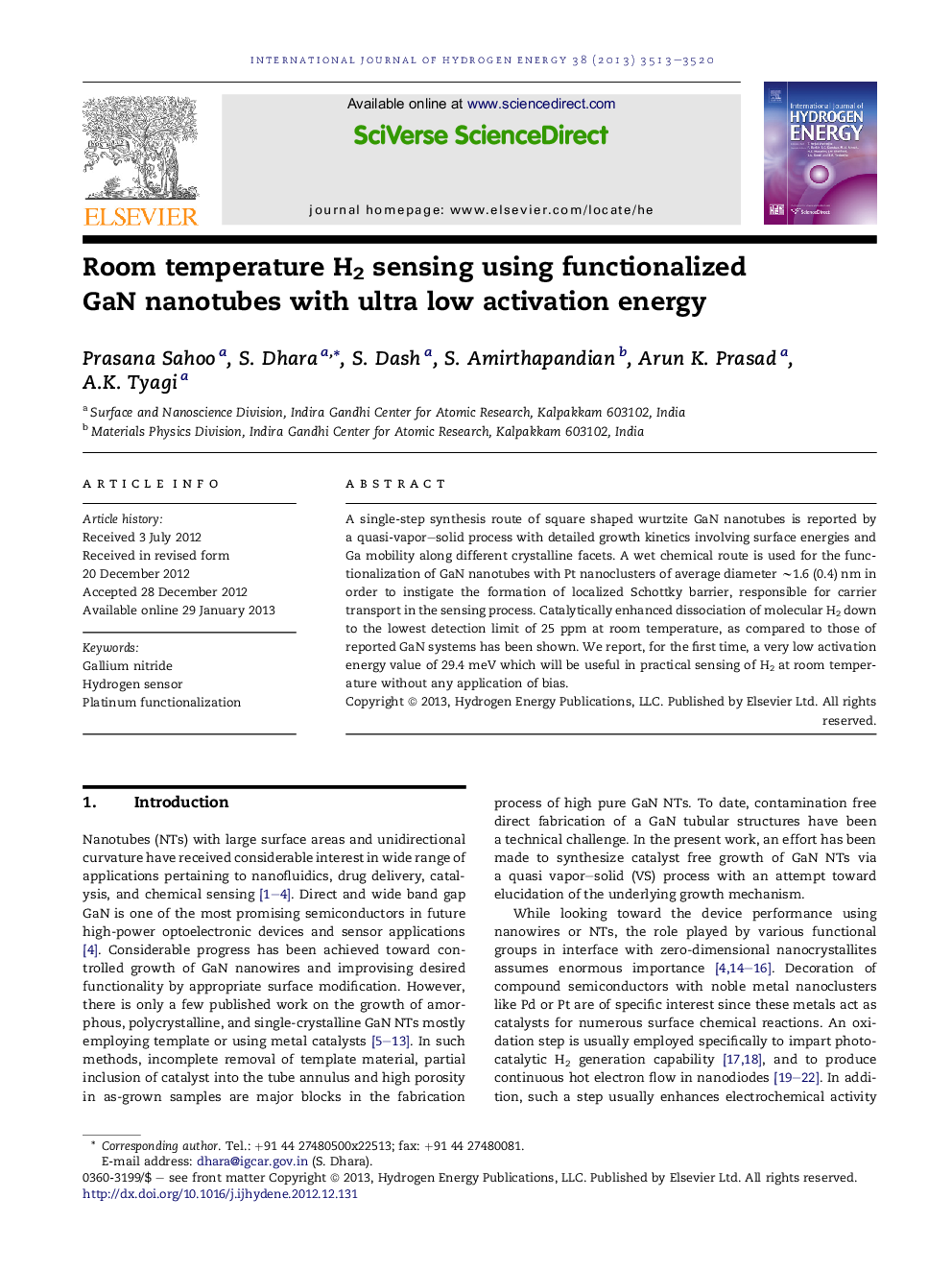 عکس صفحه اول مقاله: Room temperature H2 sensing using functionalized GaN nanotubes with ultra low activation energy Room temperature H2 sensing using functionalized GaN nanotubes with ultra low activation energy