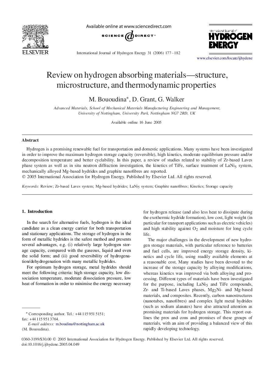 Review on hydrogen absorbing materials—structure, microstructure, and thermodynamic properties