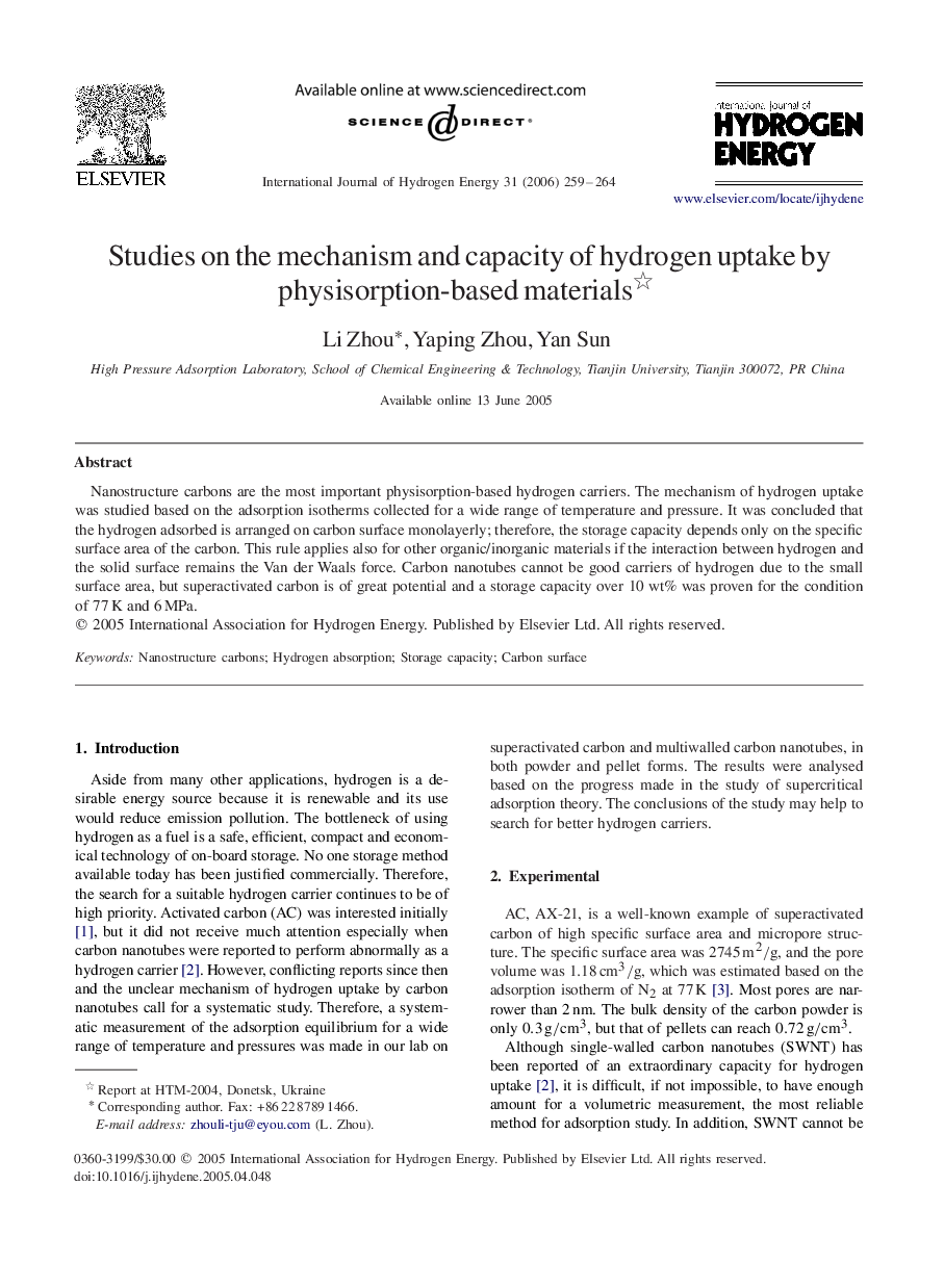 Studies on the mechanism and capacity of hydrogen uptake by physisorption-based materials 