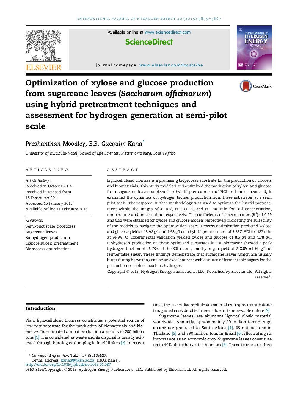 Optimization of xylose and glucose production from sugarcane leaves (Saccharum officinarum) using hybrid pretreatment techniques and assessment for hydrogen generation at semi-pilot scale