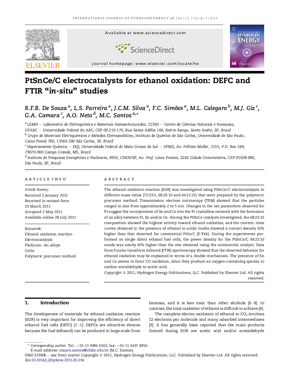 PtSnCe/C electrocatalysts for ethanol oxidation: DEFC and FTIR “in-situ” studies