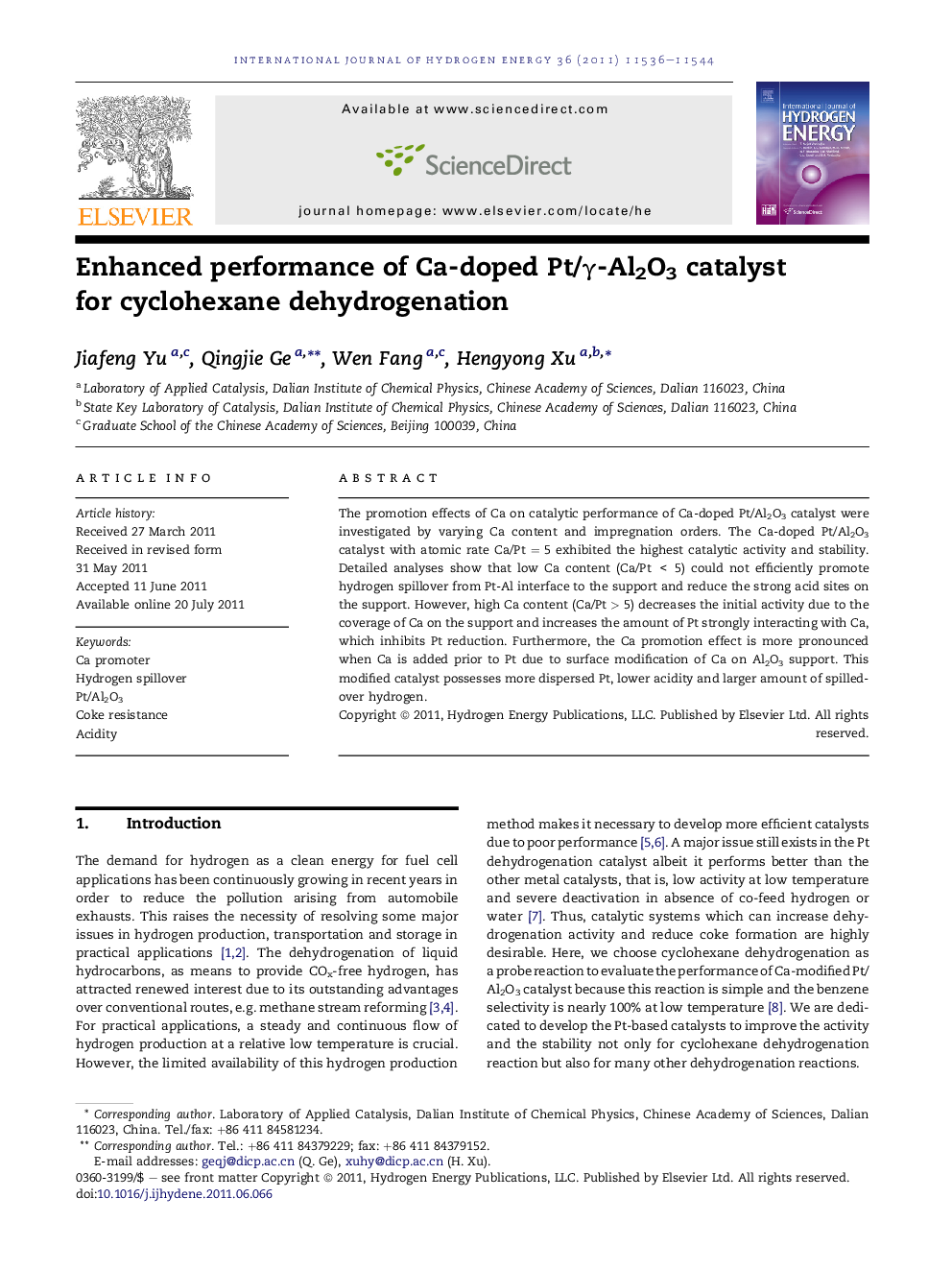 Enhanced performance of Ca-doped Pt/γ-Al2O3 catalyst for cyclohexane dehydrogenation