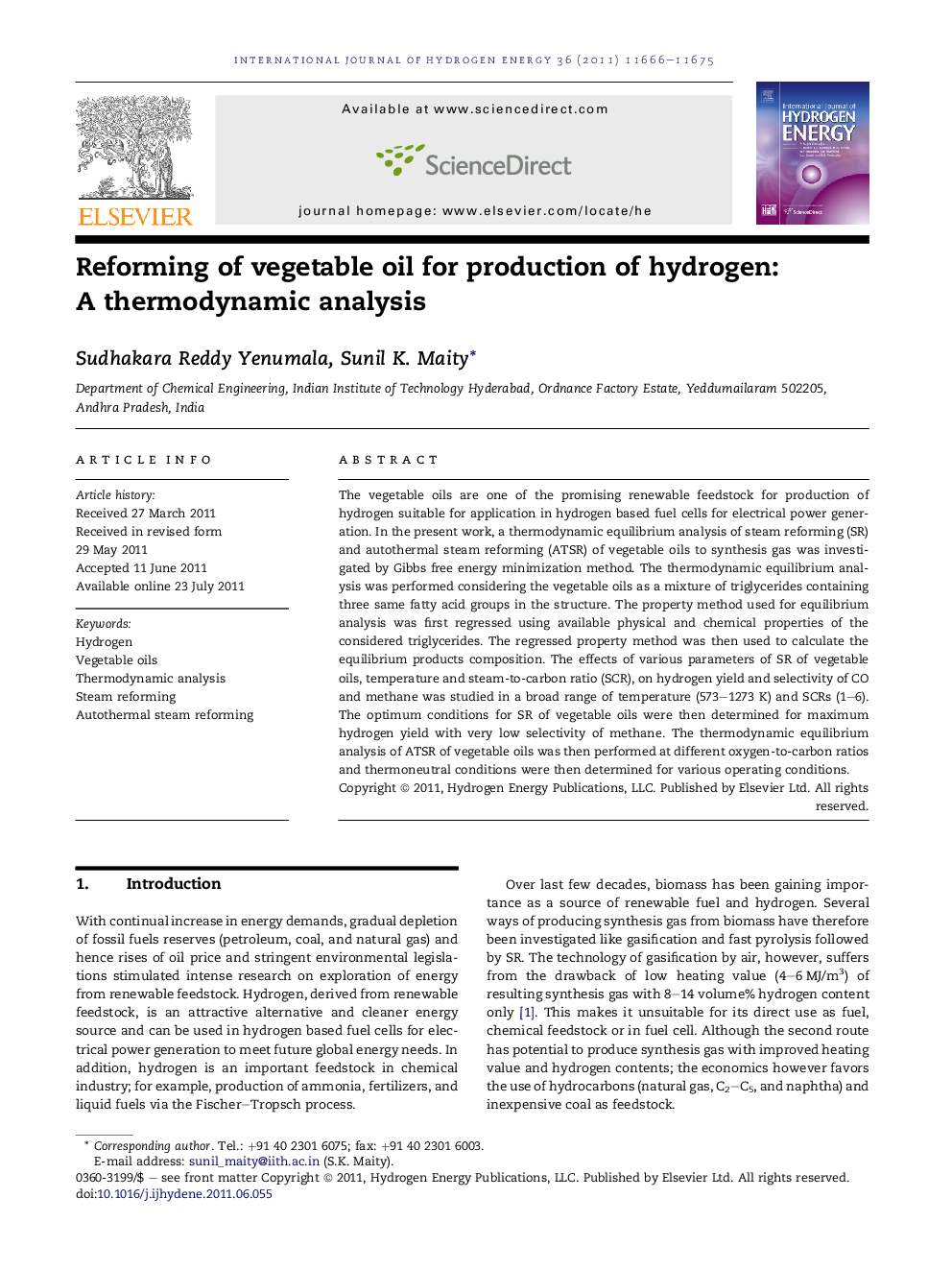 Reforming of vegetable oil for production of hydrogen: A thermodynamic analysis