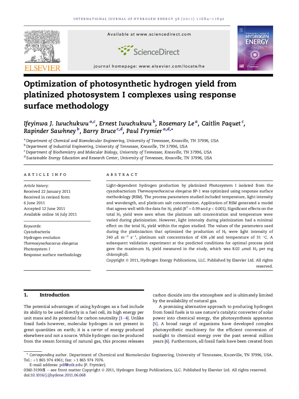 Optimization of photosynthetic hydrogen yield from platinized photosystem I complexes using response surface methodology