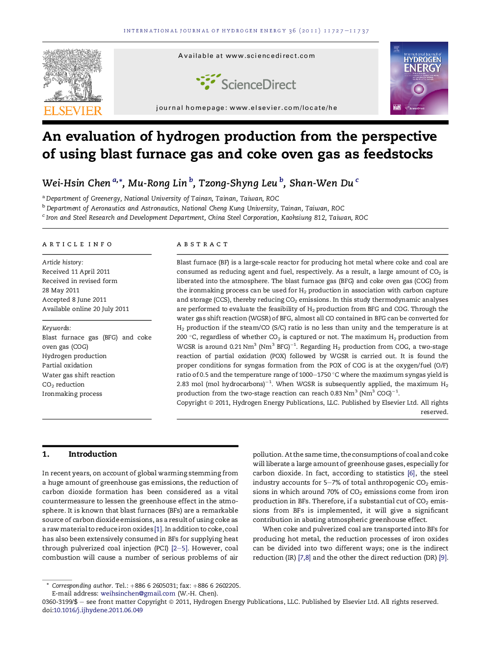 An evaluation of hydrogen production from the perspective of using blast furnace gas and coke oven gas as feedstocks