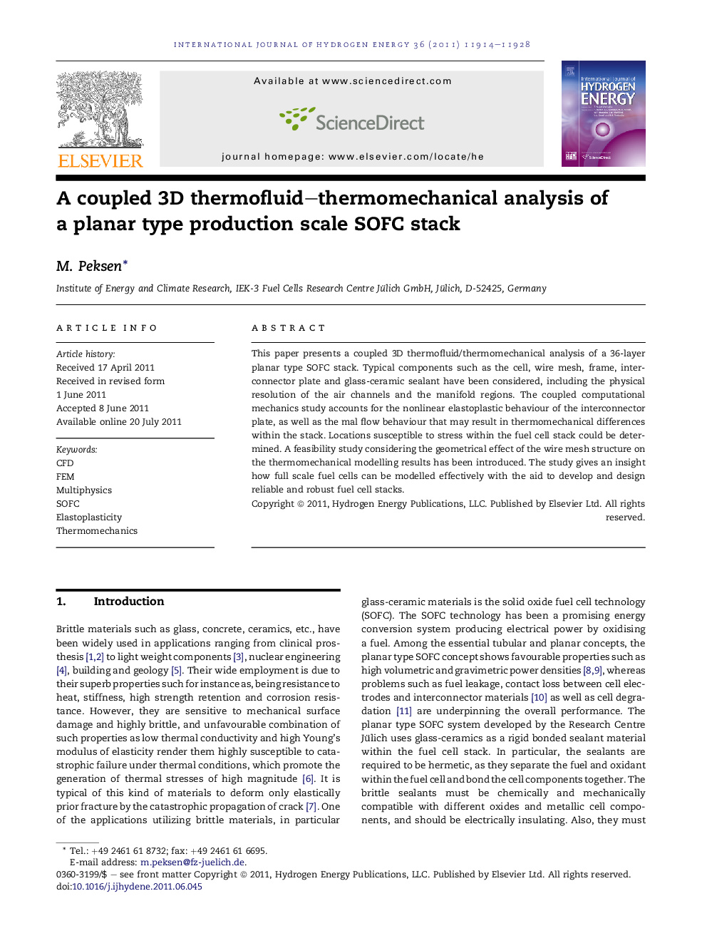 A coupled 3D thermofluid–thermomechanical analysis of a planar type production scale SOFC stack