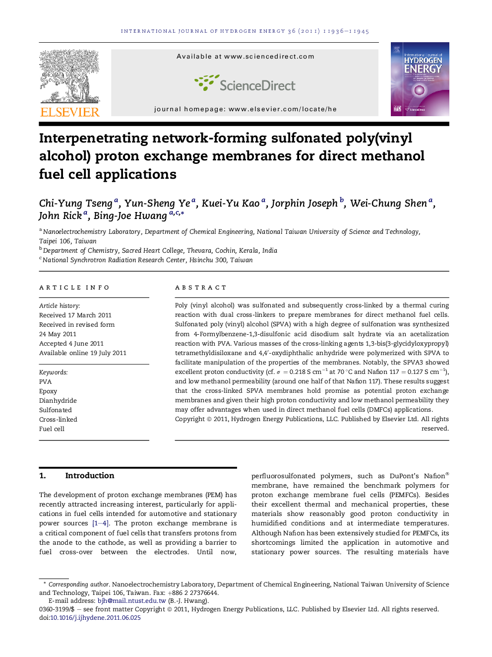 Interpenetrating network-forming sulfonated poly(vinyl alcohol) proton exchange membranes for direct methanol fuel cell applications