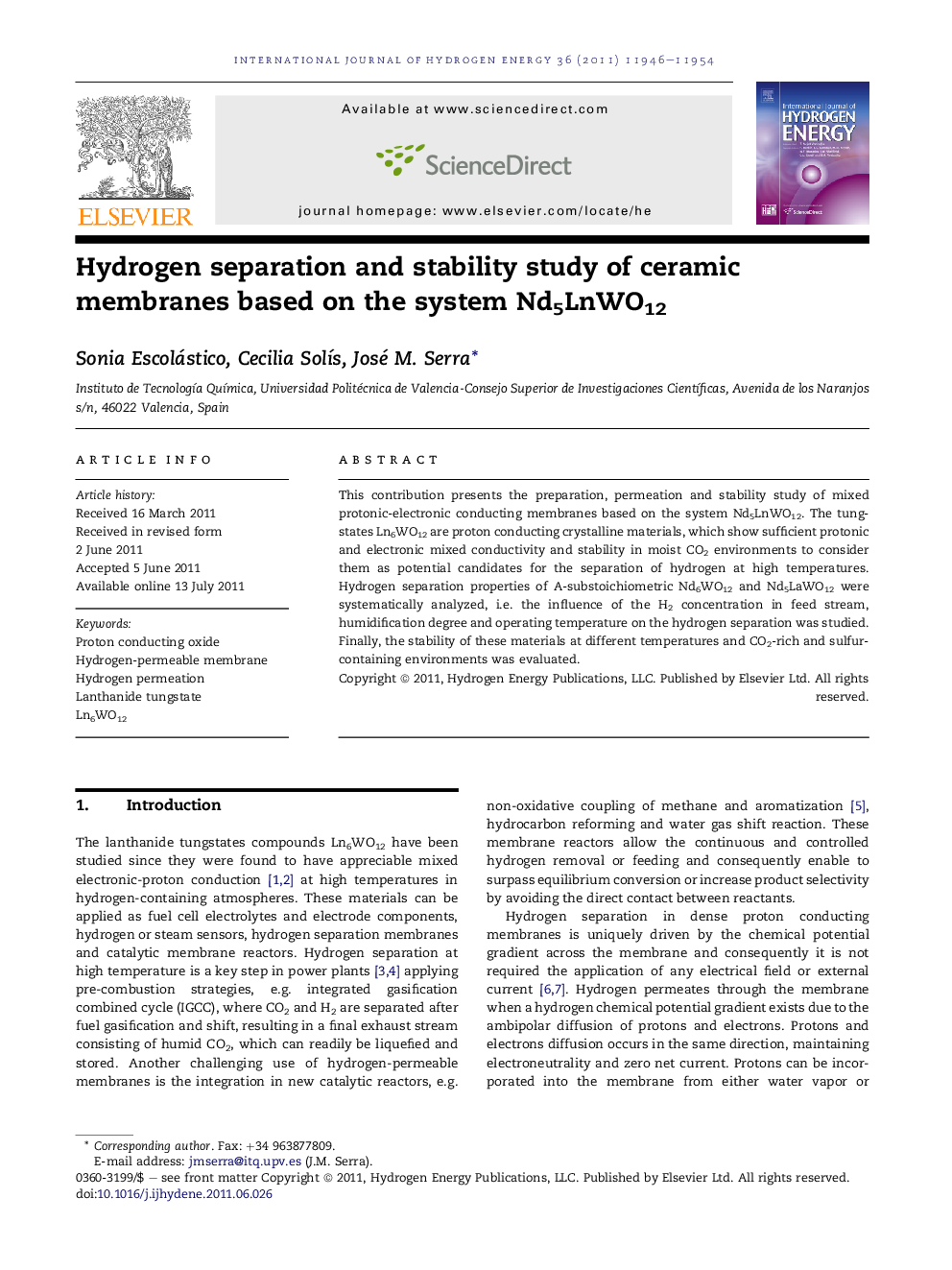 Hydrogen separation and stability study of ceramic membranes based on the system Nd5LnWO12