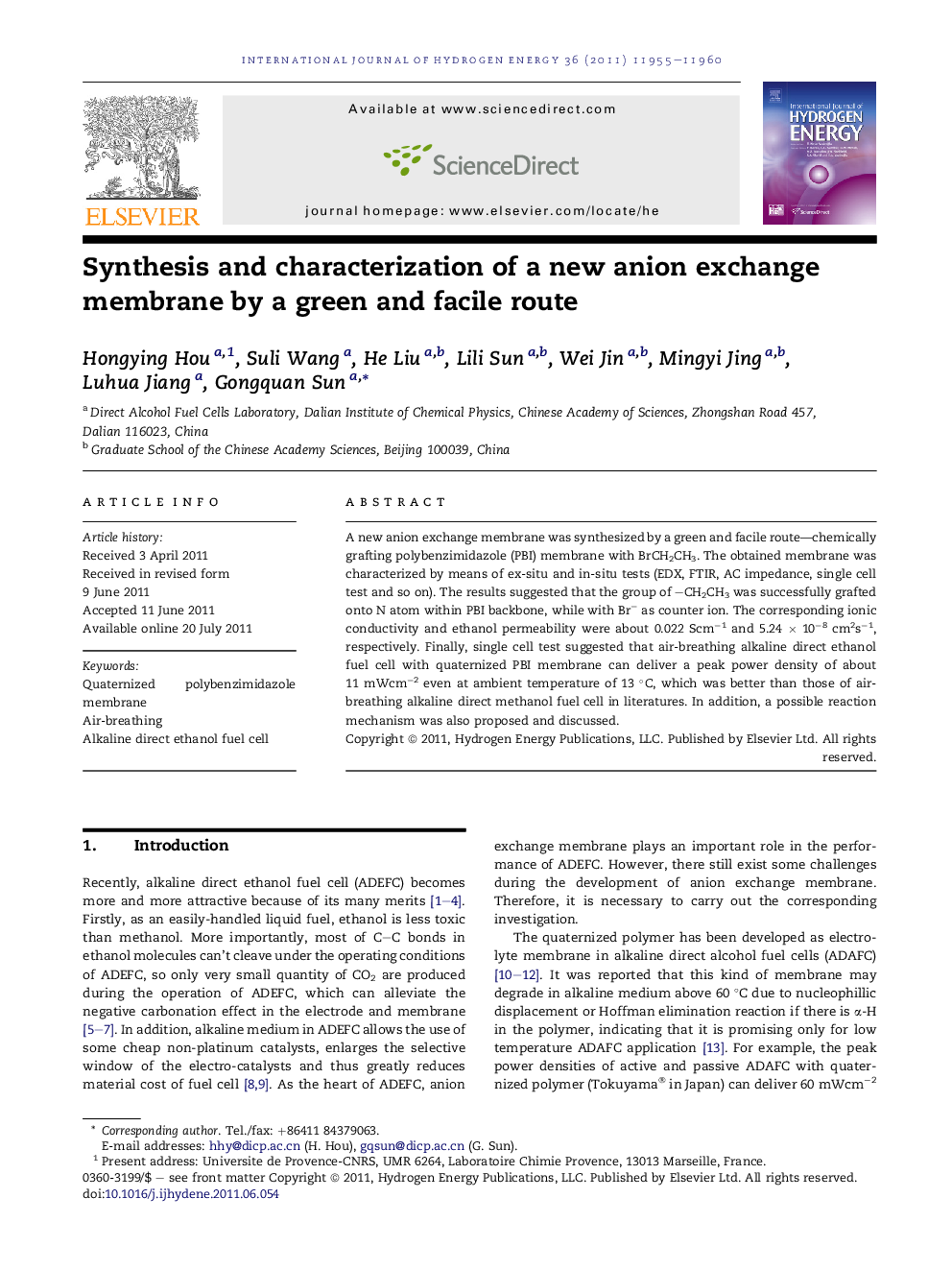 Synthesis and characterization of a new anion exchange membrane by a green and facile route