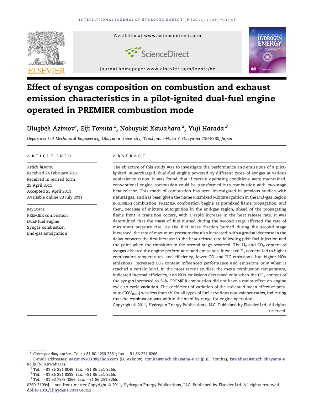 Effect of syngas composition on combustion and exhaust emission characteristics in a pilot-ignited dual-fuel engine operated in PREMIER combustion mode