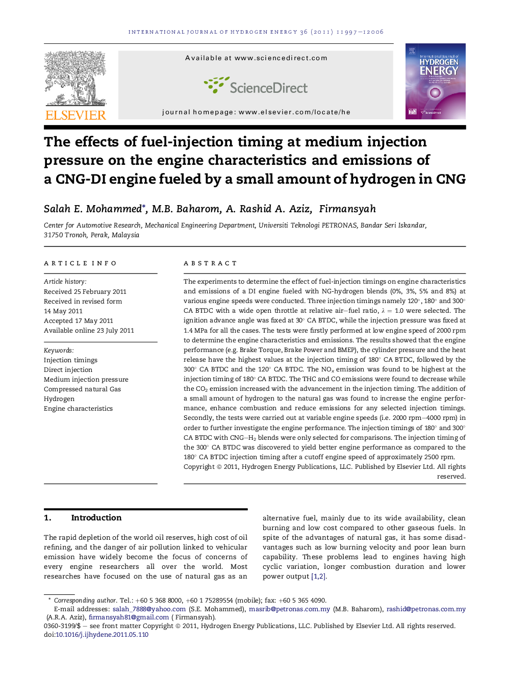 The effects of fuel-injection timing at medium injection pressure on the engine characteristics and emissions of a CNG-DI engine fueled by a small amount of hydrogen in CNG