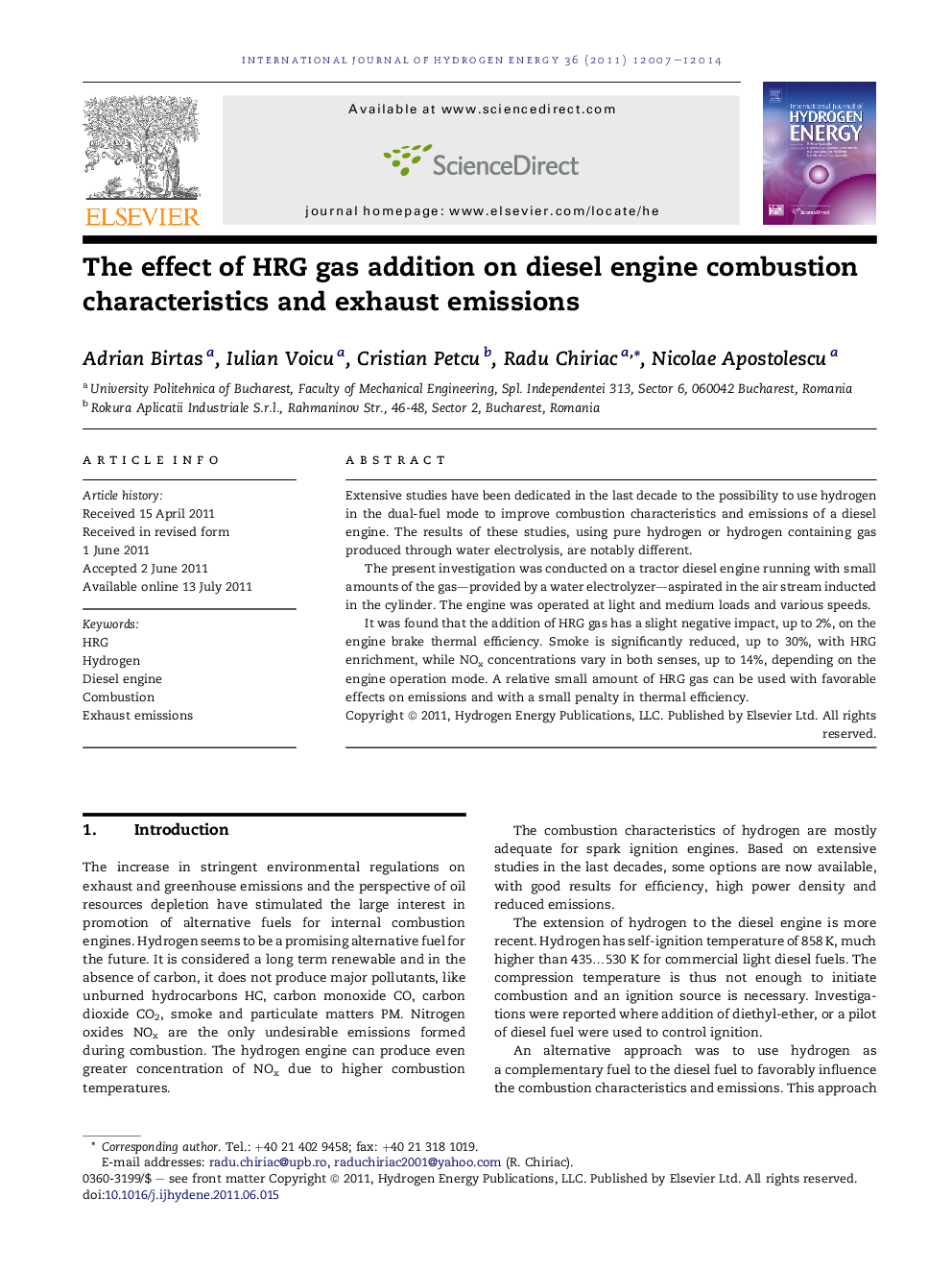 The effect of HRG gas addition on diesel engine combustion characteristics and exhaust emissions