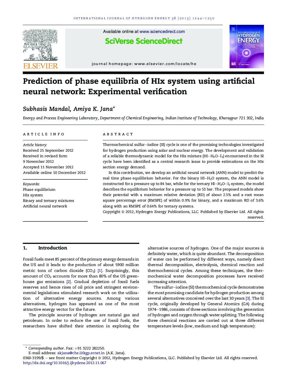 Prediction of phase equilibria of HIx system using artificial neural network: Experimental verification