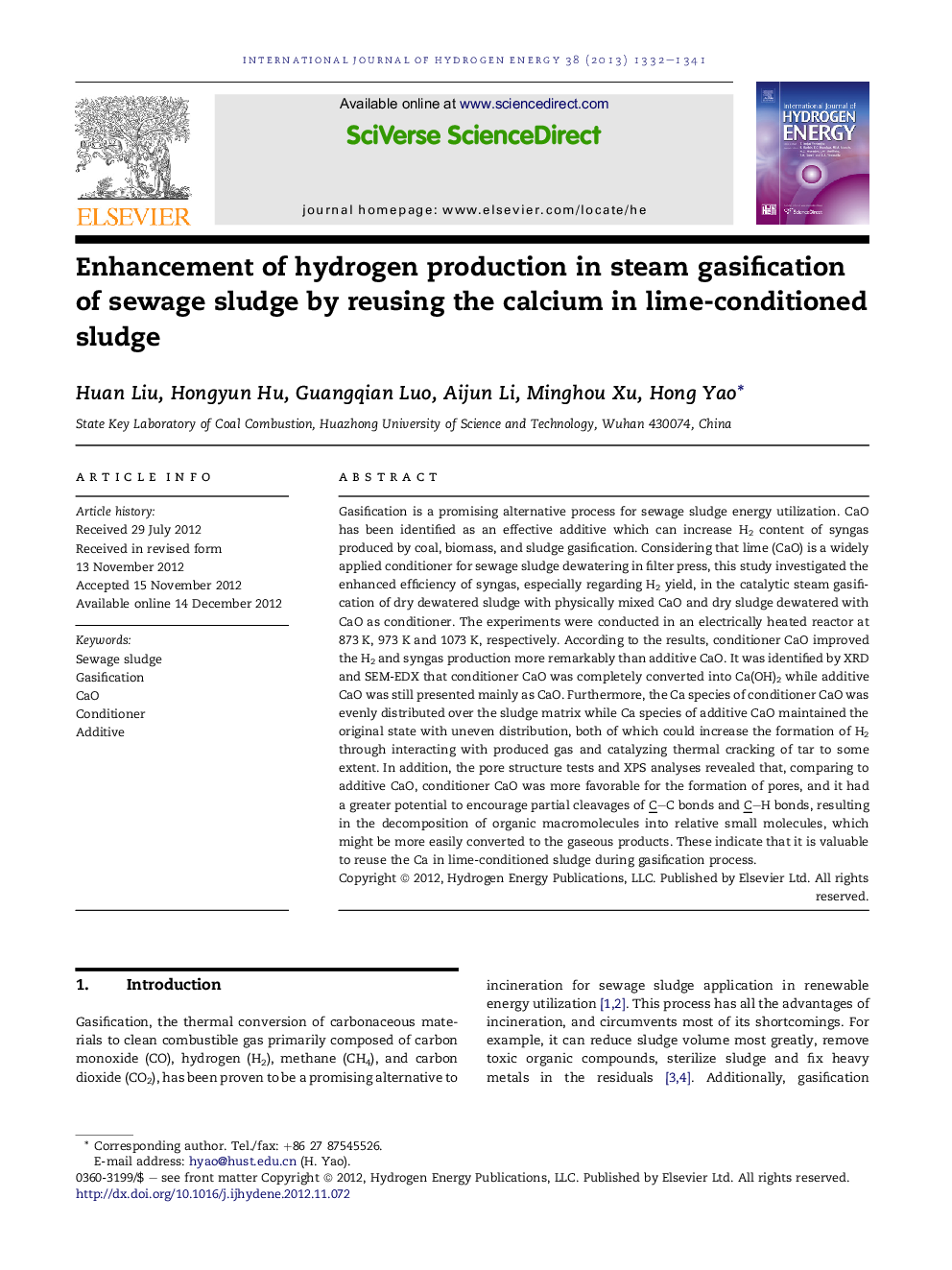 Enhancement of hydrogen production in steam gasification of sewage sludge by reusing the calcium in lime-conditioned sludge