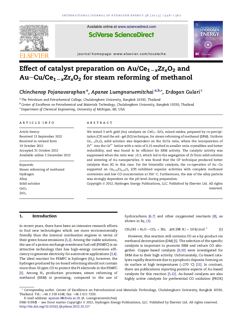 Effect of catalyst preparation on Au/Ce1−xZrxO2 and Au–Cu/Ce1−xZrxO2 for steam reforming of methanol