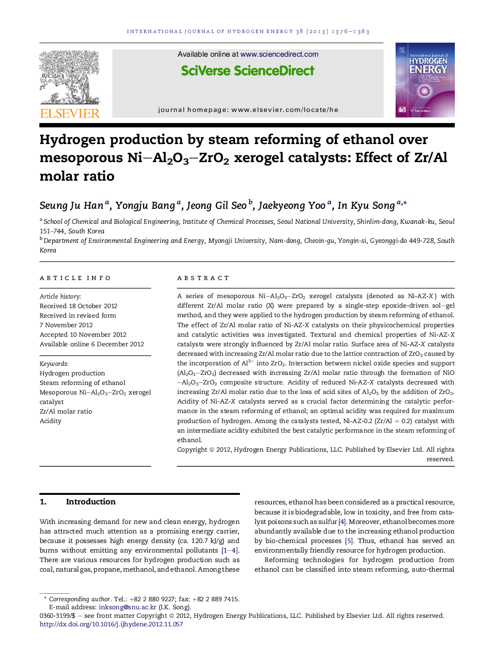 Hydrogen production by steam reforming of ethanol over mesoporous Ni–Al2O3–ZrO2 xerogel catalysts: Effect of Zr/Al molar ratio