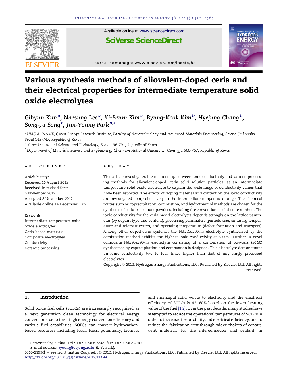 Various synthesis methods of aliovalent-doped ceria and their electrical properties for intermediate temperature solid oxide electrolytes