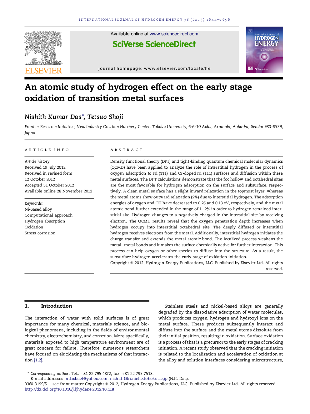 An atomic study of hydrogen effect on the early stage oxidation of transition metal surfaces