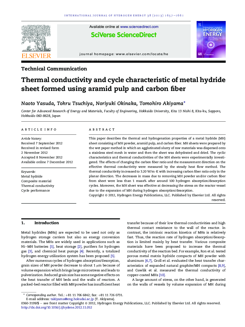 Thermal conductivity and cycle characteristic of metal hydride sheet formed using aramid pulp and carbon fiber